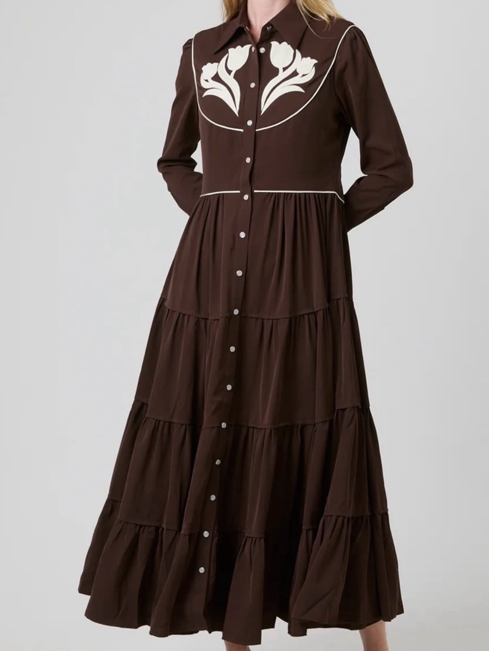 Brown Button-Front Tiered Maxi Dress with White Floral Yoke